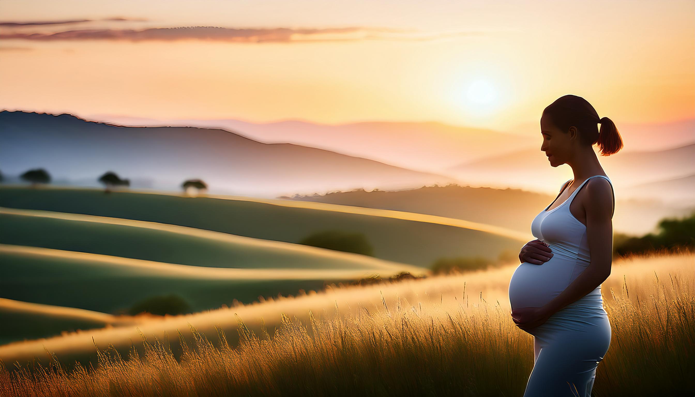 profile of pregnant woman in grassy field with green hills in background